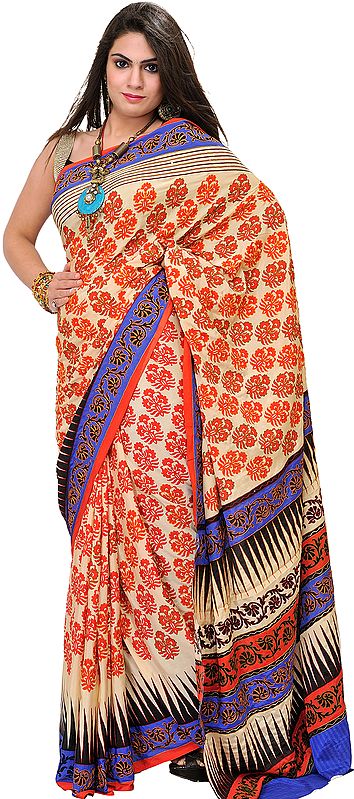 Antique-White and Orange Saree with Printed Flowers and Aari-Embroidery