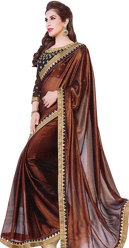 Copper-Brown Plain Shimmer Sari with Temple Border and Sequins