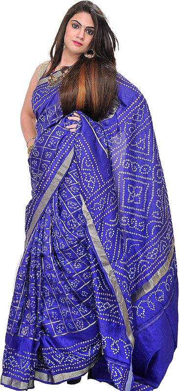 Royal-Blue Bandhani Tie-Dye Gharchola Sari from Gujrat with Golden Thread Weave