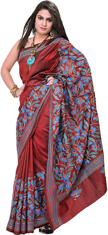 Rosewood-Red Kantha Sari from Kolkata with Embroidered Flowers