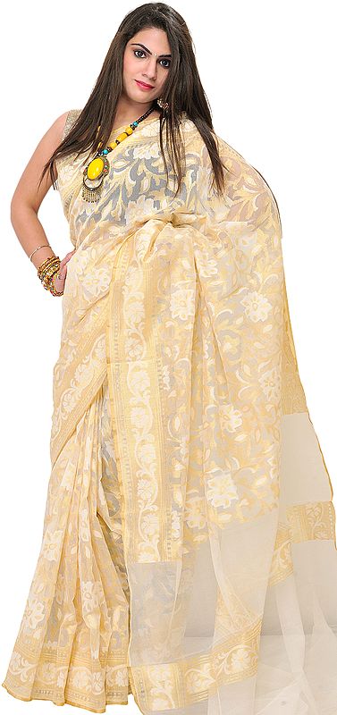 Egret-White Banarasi Net Sari With Golden Thread Weave and Flowers Woven All-Over
