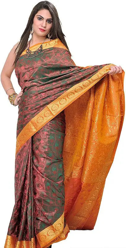Metallic-Colored Sari from Bangalore with Woven Leaves and Brocaded Aanchal