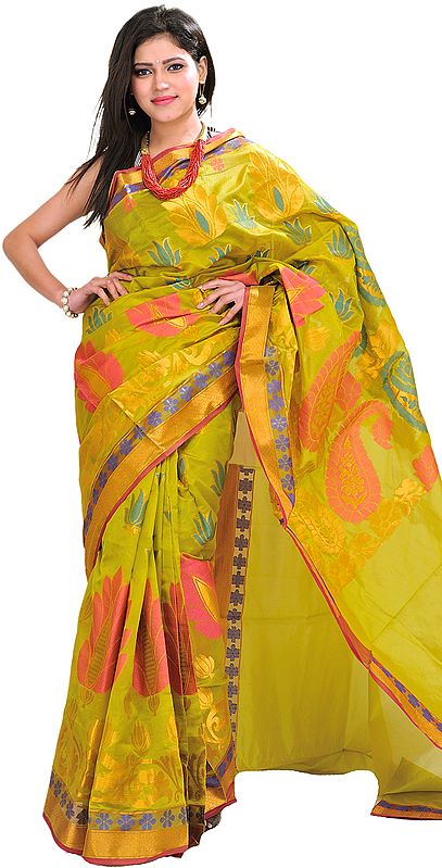 Oasis-Green Banarasi Handloom Sari With Woven Lotuses