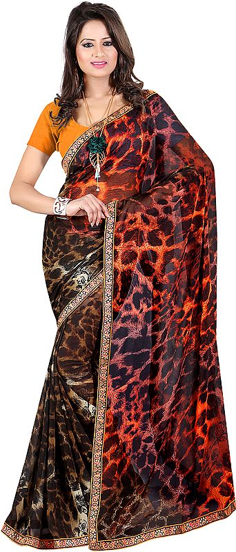 Orange and Brown Sari with Printed Leopard-Spots and Embroidered Patch Border