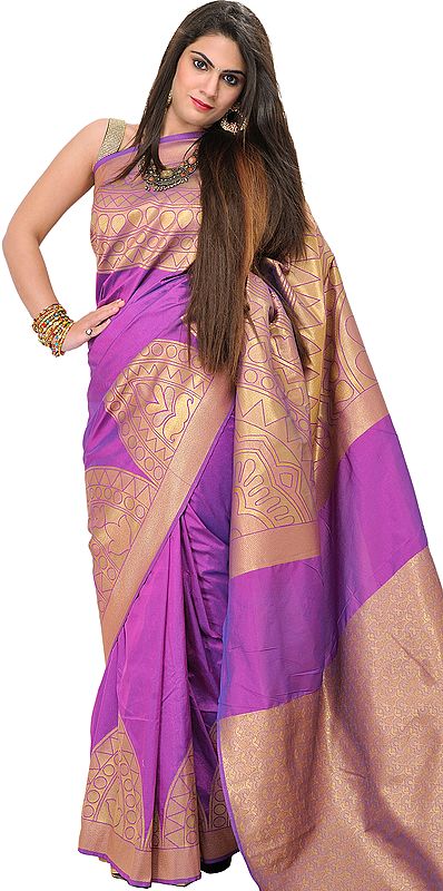 Hyacinth-Violet Banarasi Sari with Woven Temple Border in Golden Thread