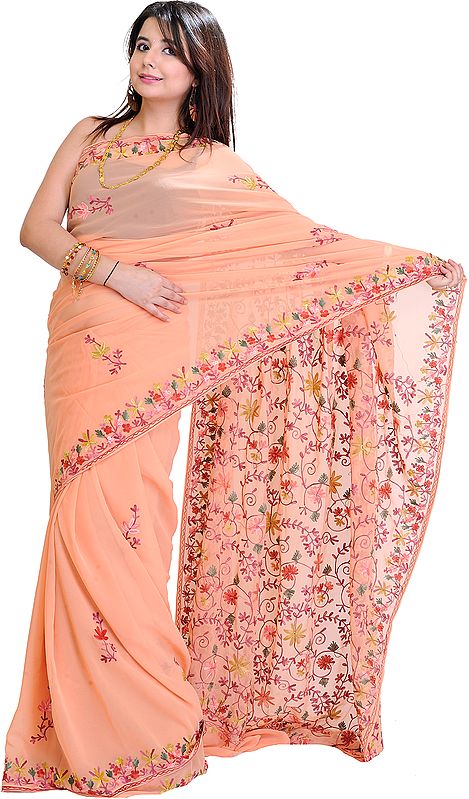 Peach-Fuzz Sari from Kashmir with Floral Aari-Embroidery