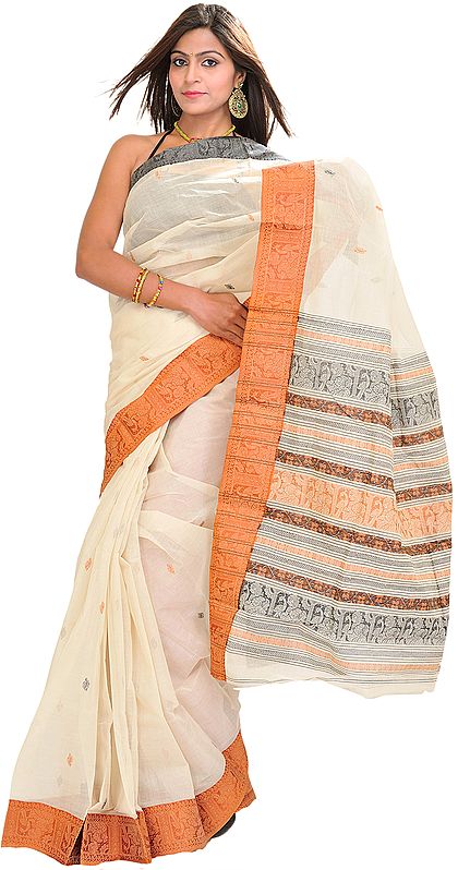 Ivory Baluchari Sari from Bengal with Woven Border and Aanchal
