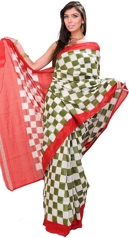 Green and White Ikat Sari from Pochampally with Woven Checks