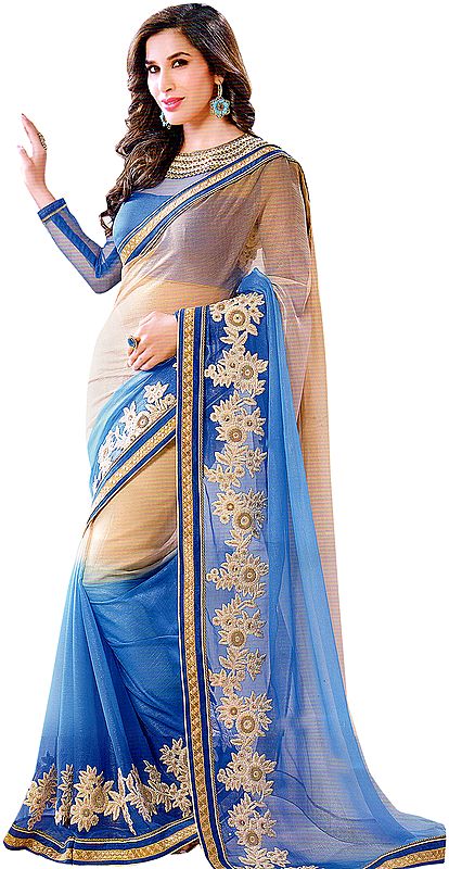 Cream and Blue Shaded Designer Shimmer Sari with Floral Embroidery