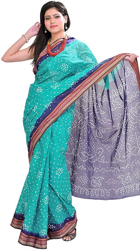 Turquoise and Blue Bandhani Tie-Dye Sari from Jodhpur with Woven Border