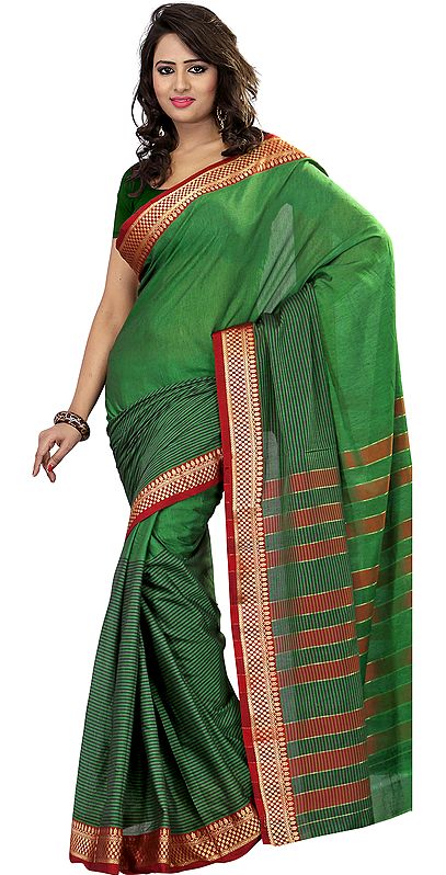 Verdant-Green South Cotton Sari with Woven Stripes and Thread Weave on Border
