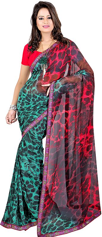 Teal and Pink Sari with Printed Leopard-Spots and Embroidered Patch Border