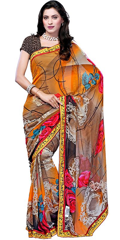 Nugget and Taupe Shaded Sari with Digital-Printed Roses
