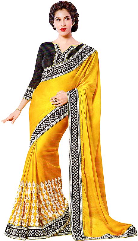 Yellow and Black Designer Sari with Embroidered Patch Border and Crystals