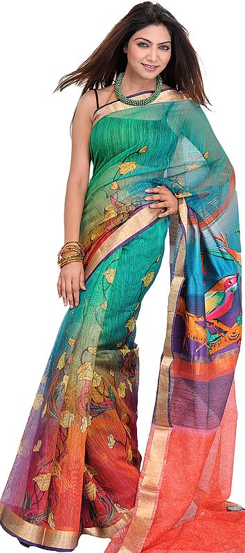 Tri-Color Sari with Digital-Printed Flowers and Golden Border