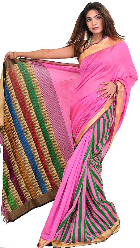 Carmine-Rose Sari from Jharkhand with Stripes and Woven Temples on Aanchal