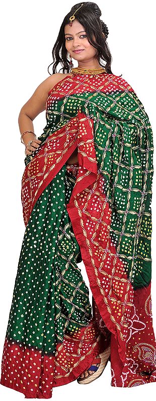 Bandhani Tie-Dye Sari from Jodhpur with Embroidery in Golden Thread