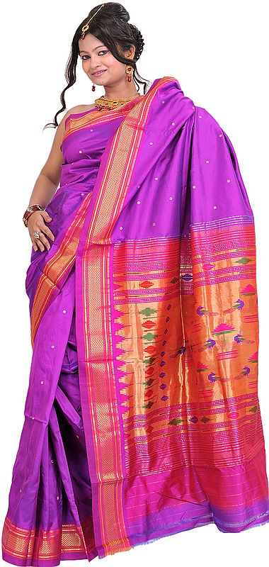 Bright-Purple Paithani Sari with Woven Bootis and Peacocks on Aanchal