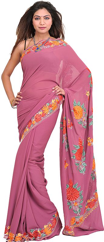 Mellow-Mauve Sari from Kashmir with Aari Embroidered flowers