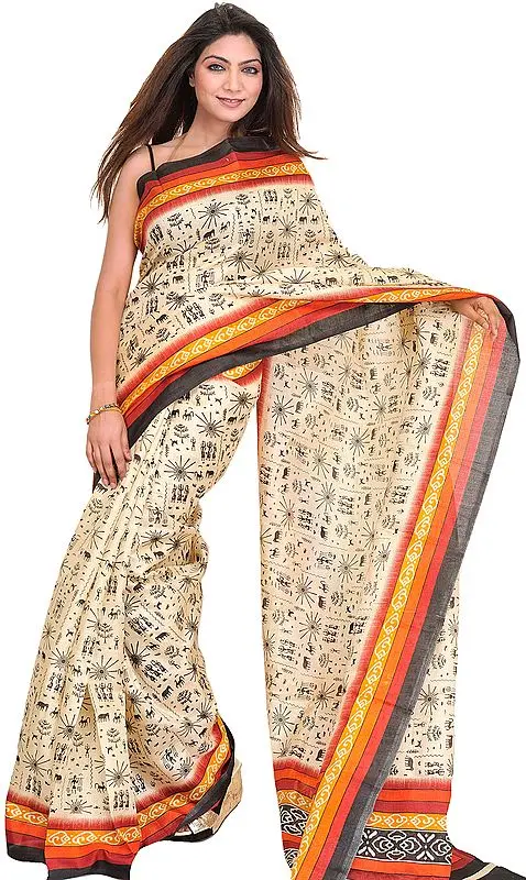Winter-White Sari with Printed Figures Inspired by Warli Art