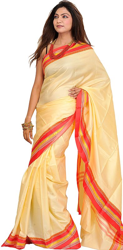 Vanilla Plain Puja Sari with Thread Weave on Border