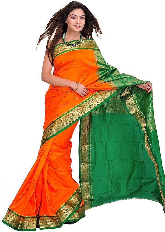 Orange and Green Sari from Bangalore with Brocaded Border and Woven Apsaras on Aanchal