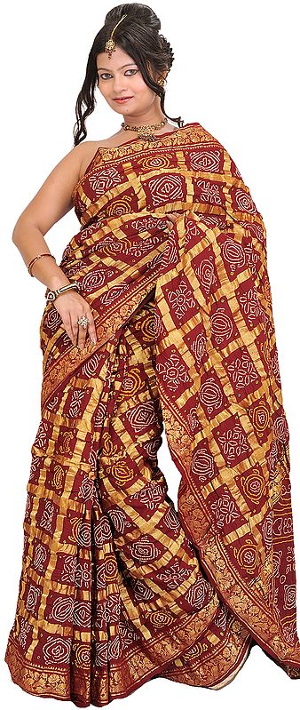Hot-Chocolate Bandhani Gharchola Sari from Gujarat with Golden Thread Weave