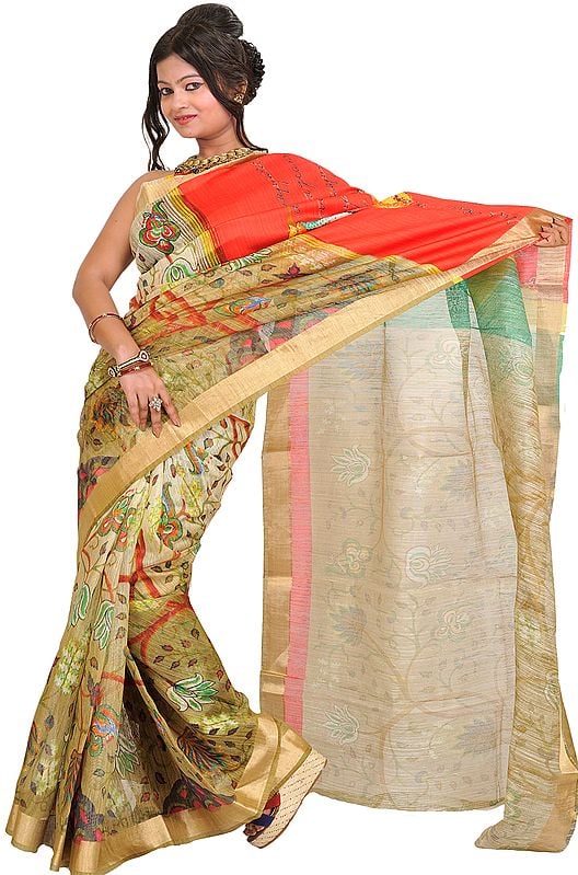 Golden-Olive Sari with Digital-Printed Sparrow on Anchal