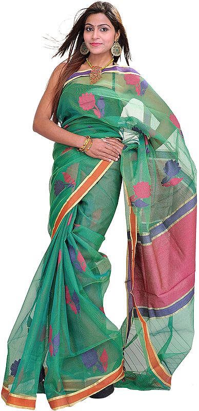 Fern-Green Sari from Varanasi with Woven Flowers and Plain Border
