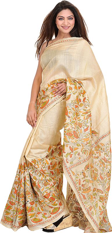 Vanila Kantha Sari from Kolkata with Hand Embroidered Flowers and Fishes