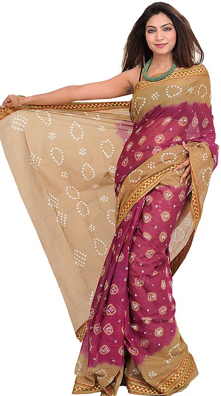 Butternut and Deep Orchid Shaded Bandhani Tie-Dye Sari from Rajasthan with Woven Border