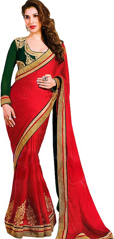 Tomato-Red  Designer Sari with Large Flowers Embroidered in Golden Metalic Thread