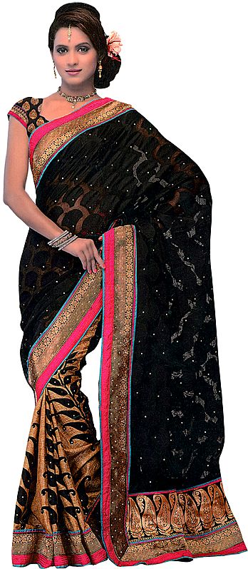 Black Wedding Sari with All-Over Woven Flowers and Wide Paisley Border