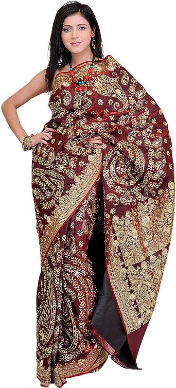 Cordovan Bridal Sari from Banaras with Metallic Thread Embroidered Sequins and Beads