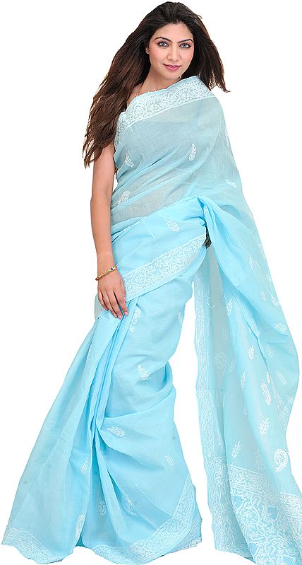 Crystal-Blue Chikan Sari from Lucknow with Hand-Embroidered Flowers and Paisleys