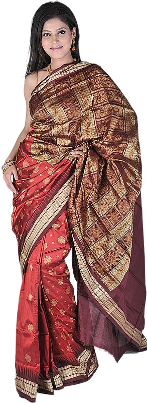 Deep-Claret Bomkai Sari with Hand-woven Bootis