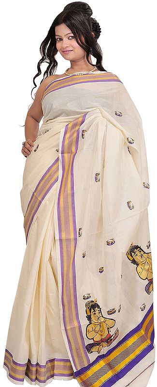 Winter-White Kasavu Sari from Kerala with Golden Border and Embroidered Baby Krishna