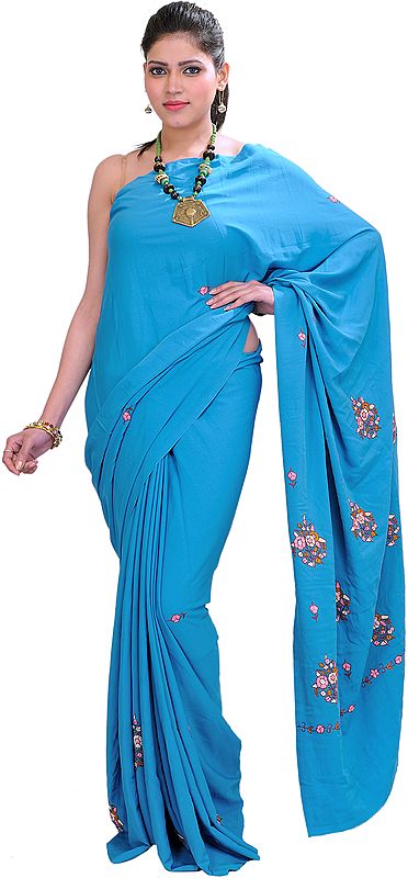 Mailbu-Blue Sari from Kashmir with Sozni Embroidery by Hand