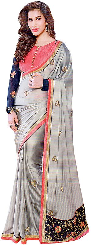Gray Designer with Sari Aari Embroidered Flowers and Velvet Anchal