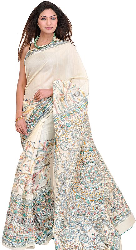 Ivory Sari from Jharkhand with Madhubani Print