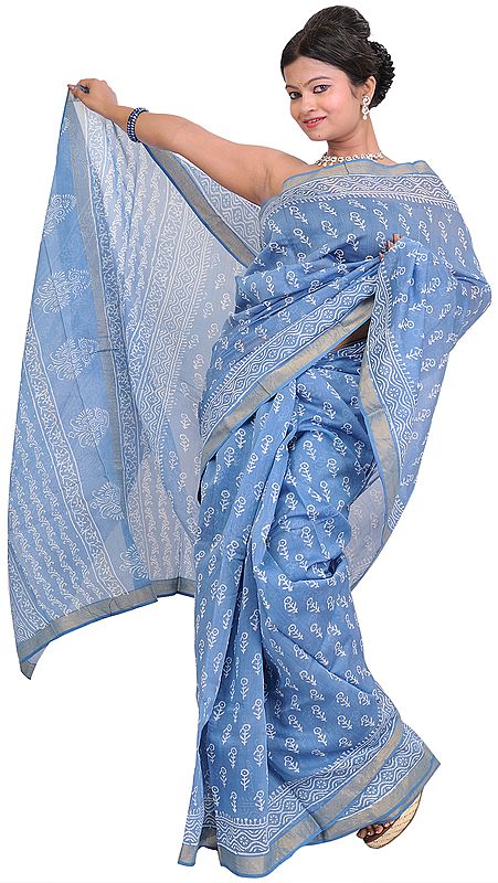 Blue-Shadow Chanderi Sari with Printed Flowers and Woven Border