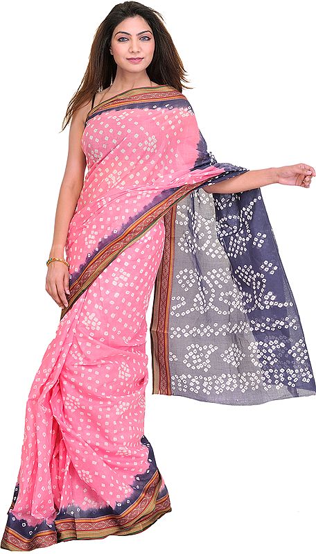 Pink and Blue Bandhani Tie-Dye Sari from Jodhpur with Woven Border