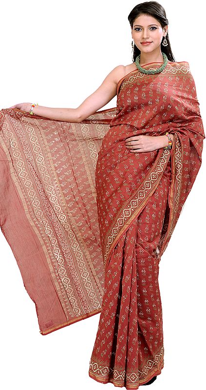 Earth-Red Chanderi Sari with Printed Flowers All-Over