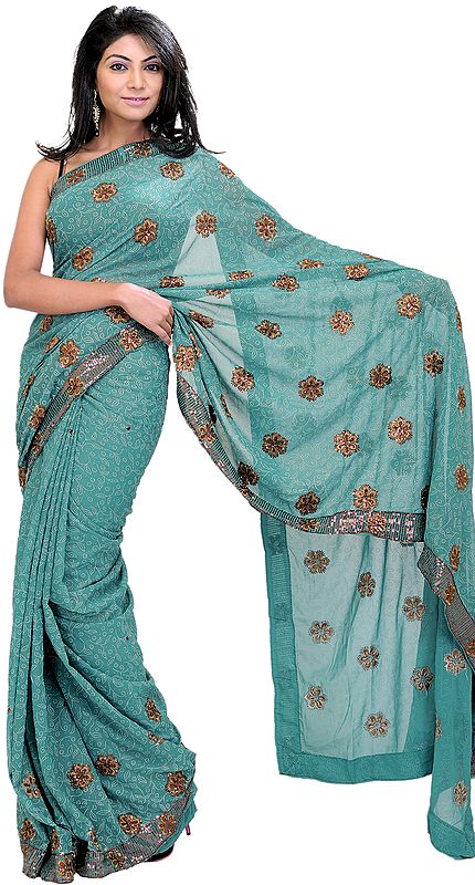 Blue-Grass Shimmer Sari with Embroidered Flowers and Sequins
