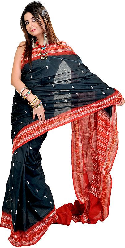 Black and Red Bomkai Sari from Orissa with Woven Bootis and Rudraksha Border