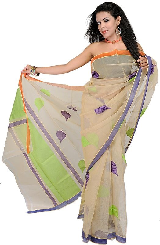 Crème-Brulee Net Saree with Woven Indian-Oak Leaves