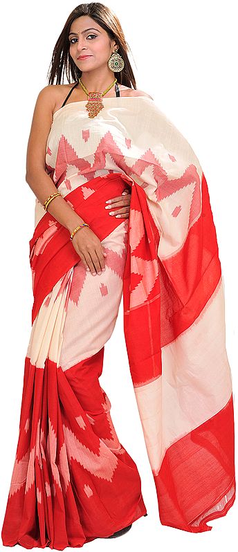 Cream and Red Sari from Pochampally with Ikat Weave