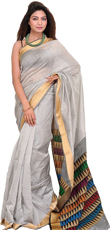 Silver Sari from Jharkhand with Woven Temples on Aanchal and Golden Border