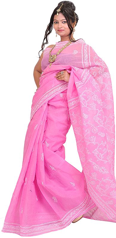 Fuchsia-Pink Sari from Lucknow with Chikan Embroidery by Hand