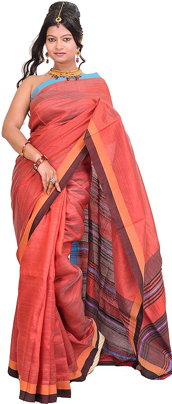 Cranberry-Red Saree from Jharkhand with Woven Stripes